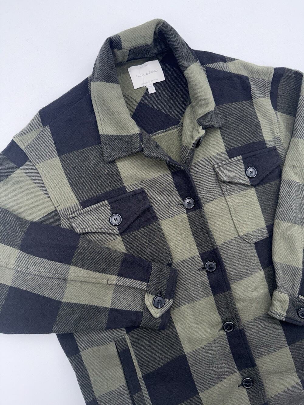 Lucky Brand Overcoat Men's M Green Plaid Flannel Button Heavyweight Collared